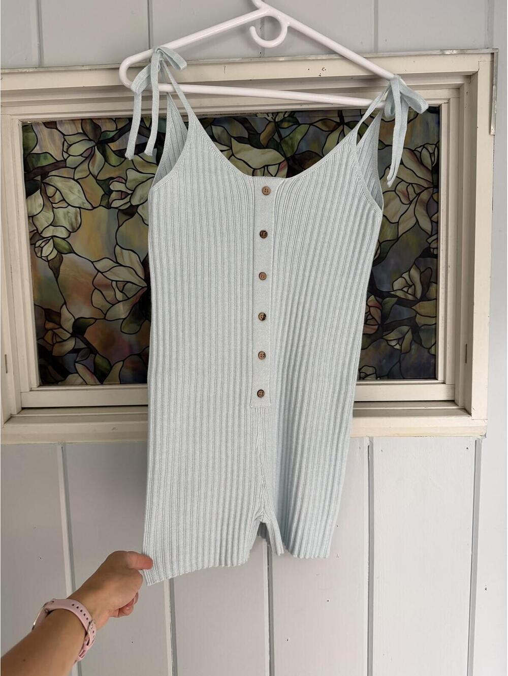 Mable Light Blue Ribbed Button-Front Romper with Tie Straps, Size M